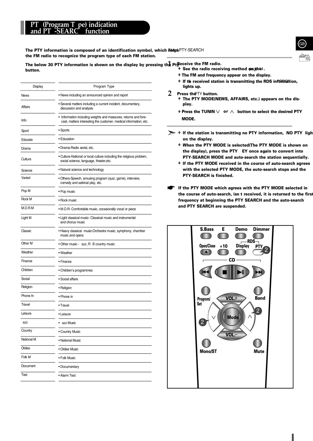 Samsung EV1SRH/ELS manual PTYProgram Type indication and PTY-SEARCH function, About PTY-SEARCH 