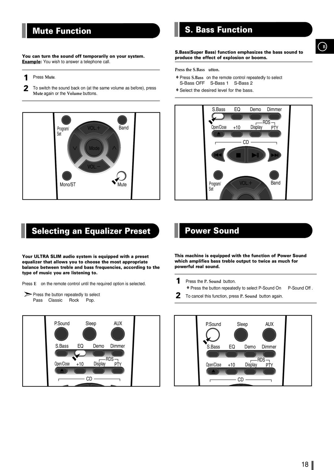 Samsung EV1SRH/ELS manual Mute Function, Bass Function, Selecting an Equalizer Preset Power Sound 