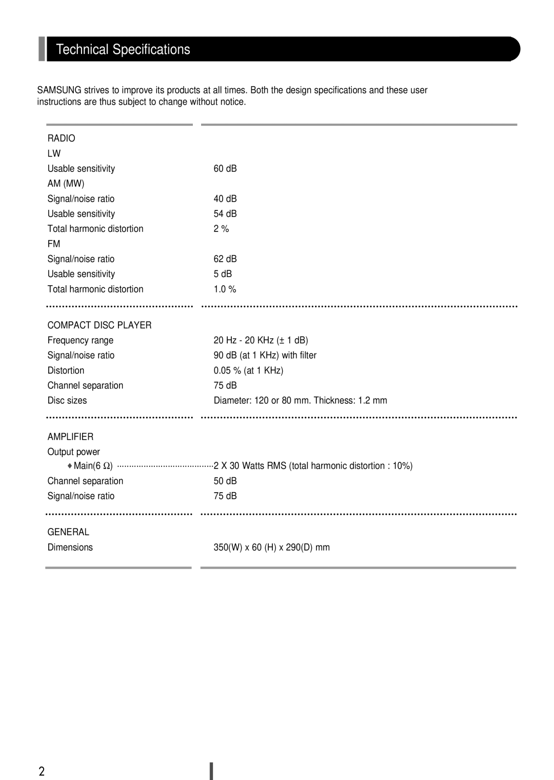 Samsung EV1SRH/ELS manual Technical Specifications, Compact Disc Player 