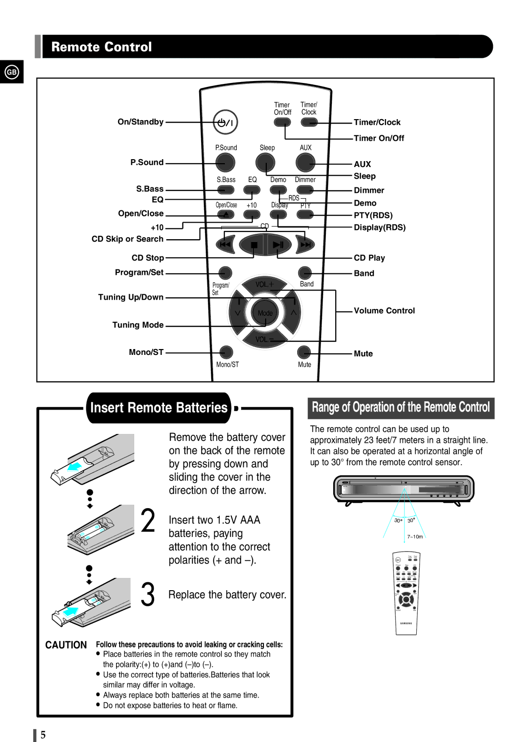 Samsung EV1SRH/ELS manual Insert Remote Batteries, Remote Control 