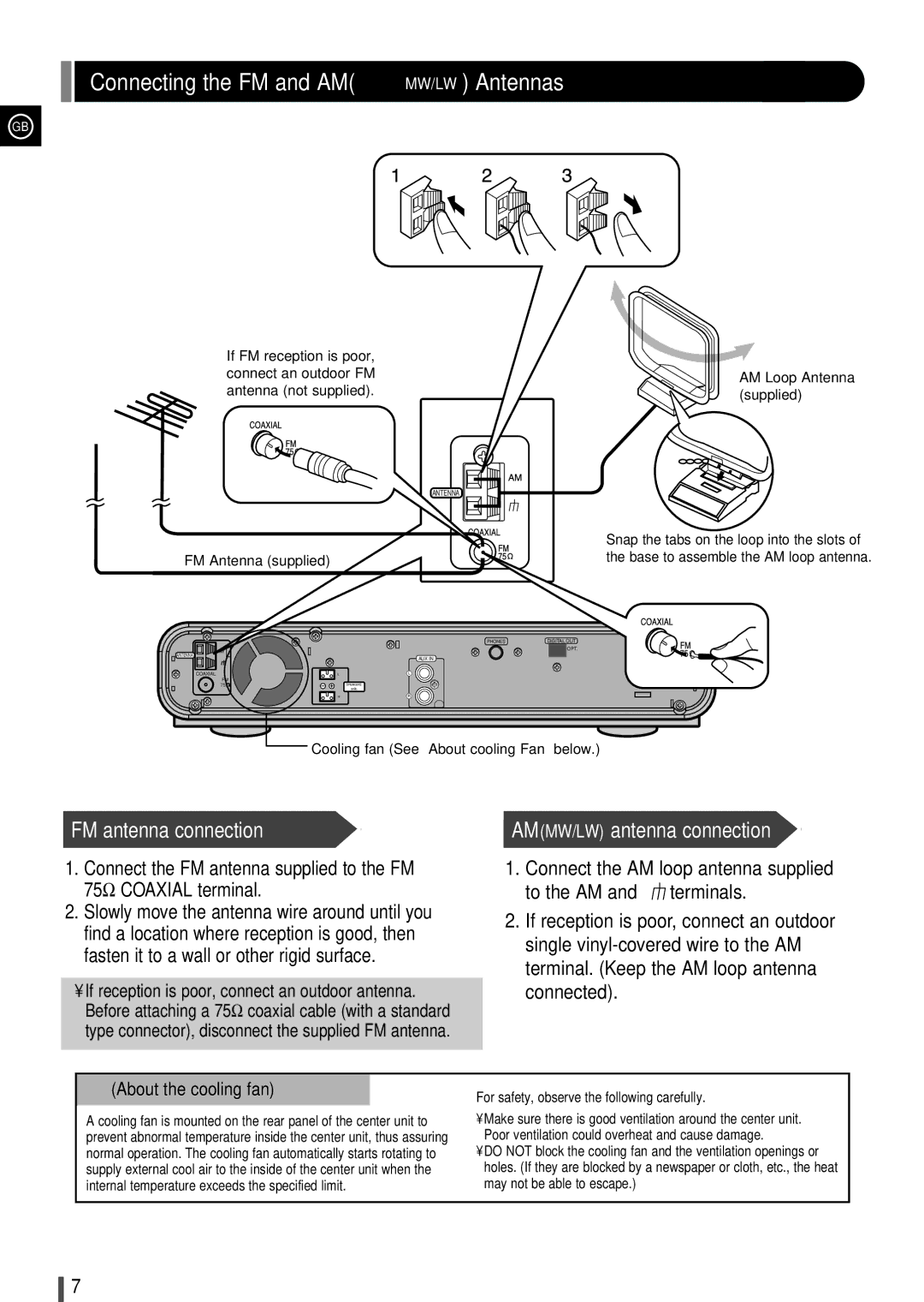 Samsung EV1SRH/ELS manual Connecting the FM and AMMW/LW Antennas, FM antenna connection 