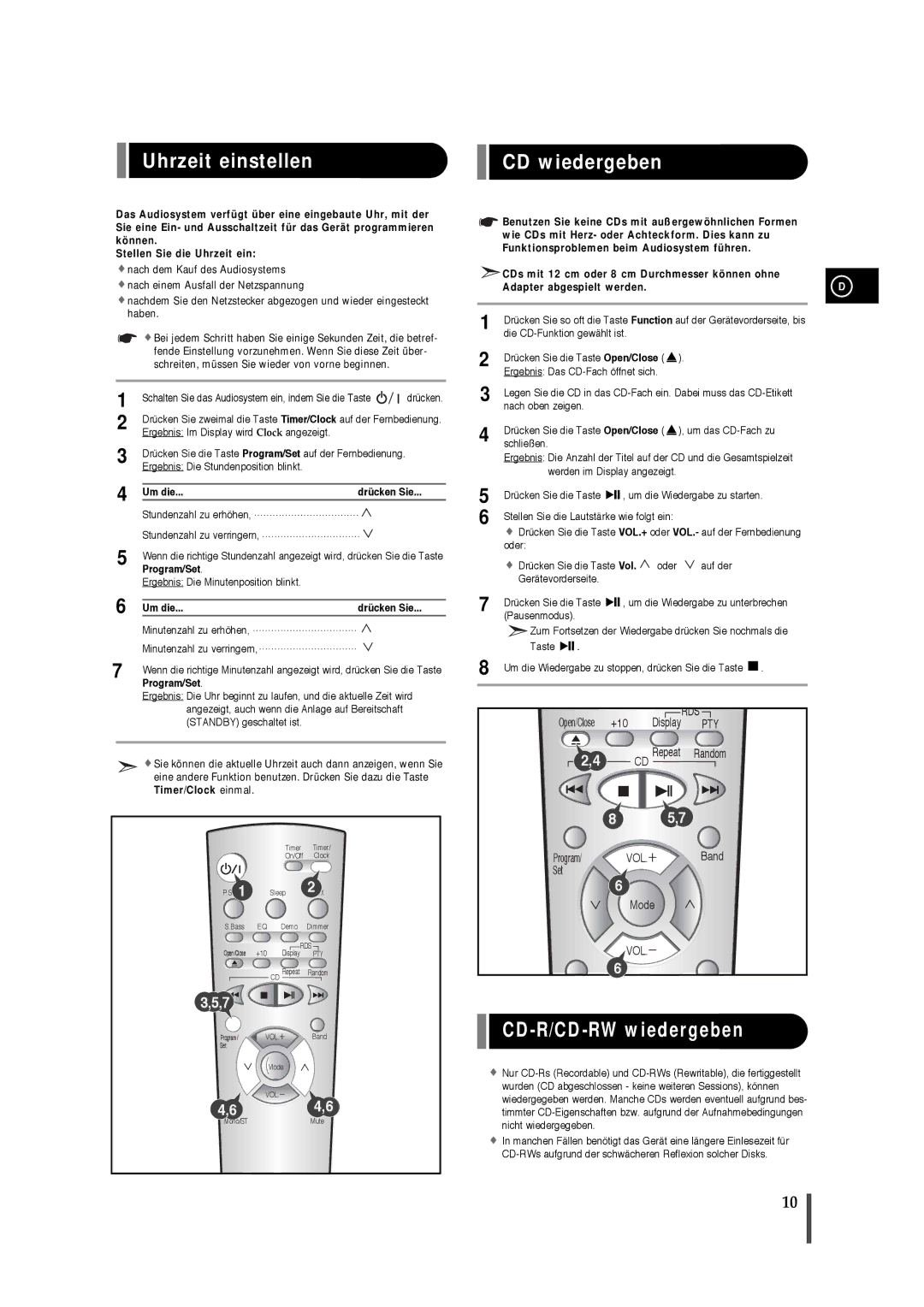 Samsung EV1SRH/ELS manual Uhrzeit einstellen CD wiedergeben, CD-R/CD-RW wiedergeben, Um die Drücken Sie, Program/Set 