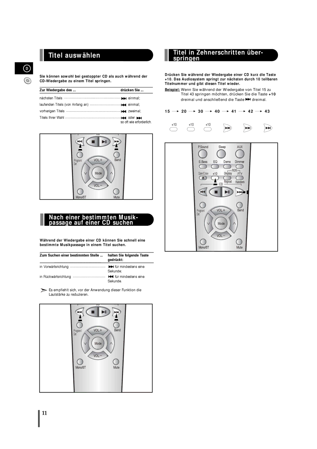 Samsung EV1SRH/ELS manual Titel auswählen, Titel in Zehnerschritten über- springen 