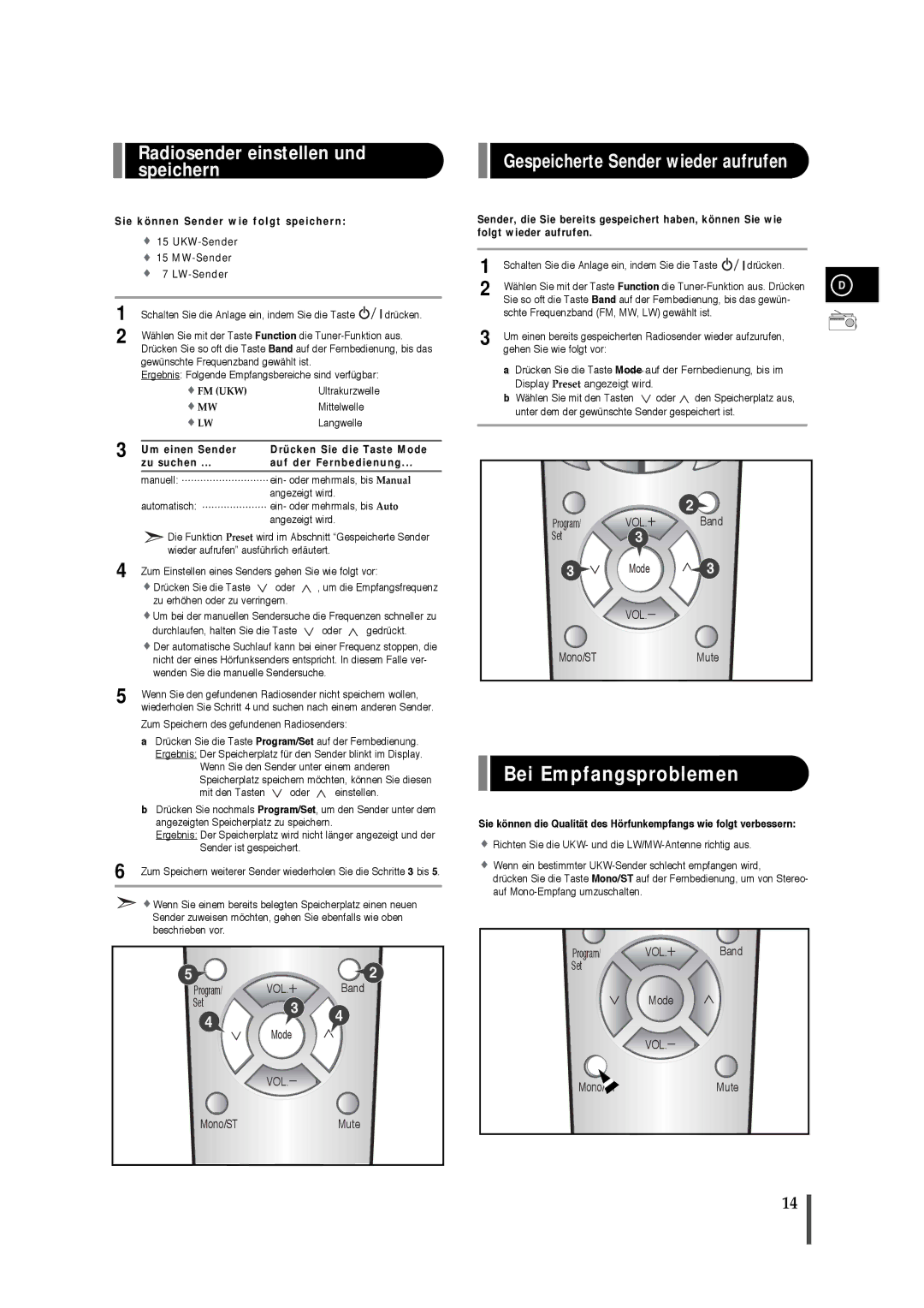 Samsung EV1SRH/ELS manual Bei Empfangsproblemen, Radiosender einstellen und, Speichern 