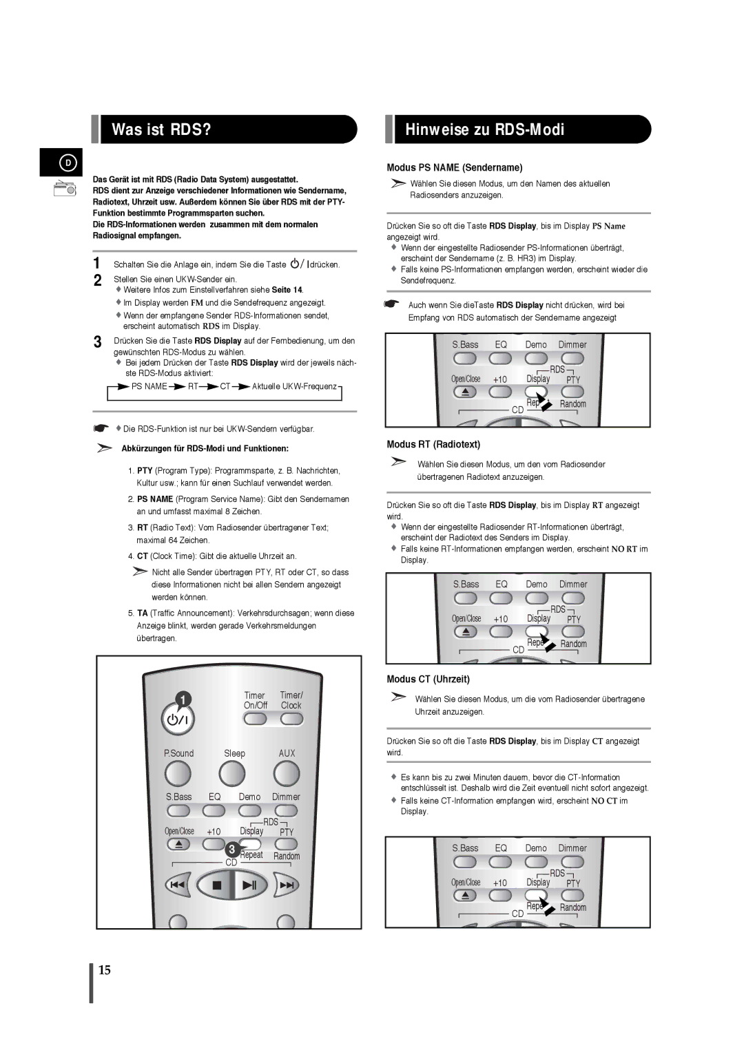 Samsung EV1SRH/ELS Was ist RDS?, Hinweise zu RDS-Modi, Modus PS Name Sendername, Modus RT Radiotext, Modus CT Uhrzeit 