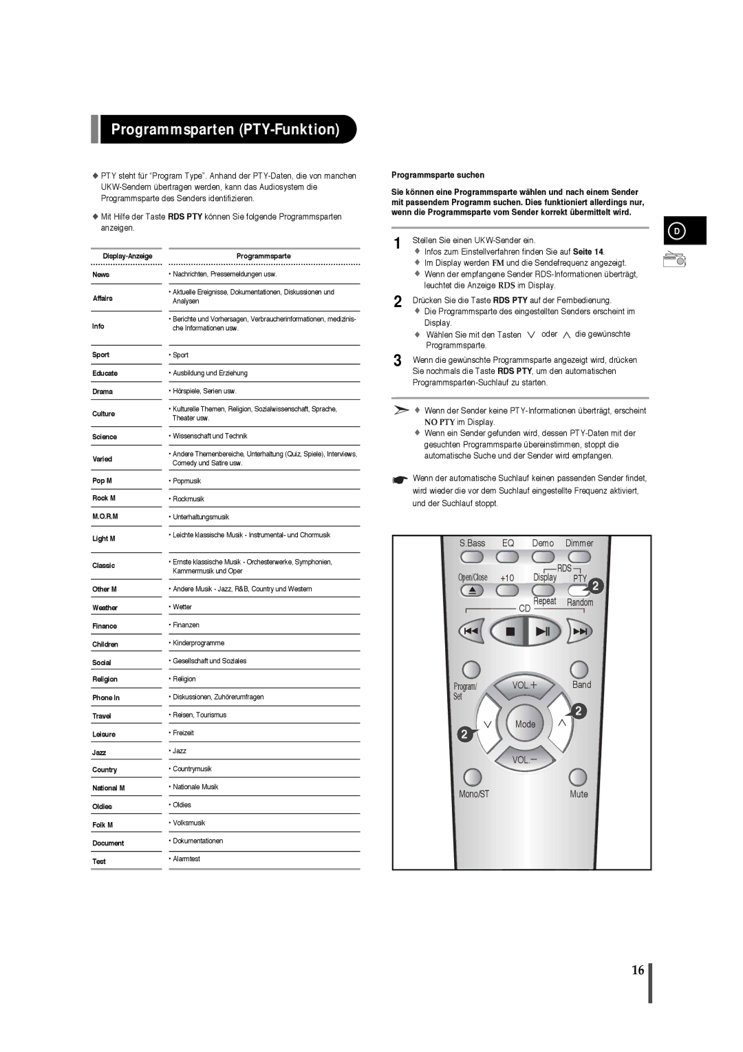 Samsung EV1SRH/ELS Programmsparten PTY-Funktion, Programmsparte suchen, Infos zum Einstellverfahren finden Sie auf Seite 