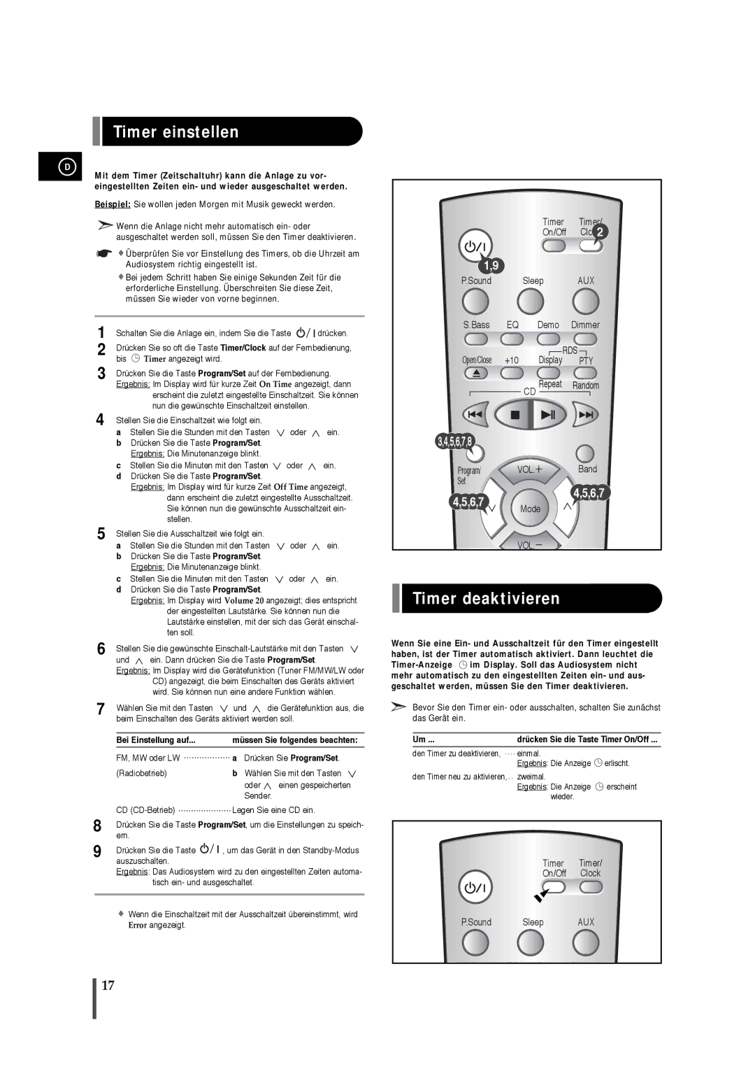 Samsung EV1SRH/ELS manual Timer einstellen, Timer deaktivieren, Bei Einstellung auf, Drücken Sie Program/Set 