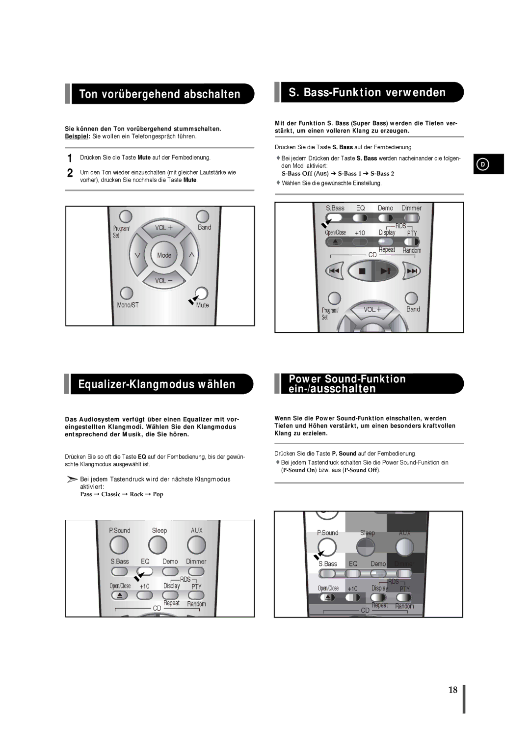 Samsung EV1SRH/ELS Ton vorübergehend abschalten, Bass-Funktion verwenden, Equalizer-Klangmodus wählen, Ein-/ausschalten 