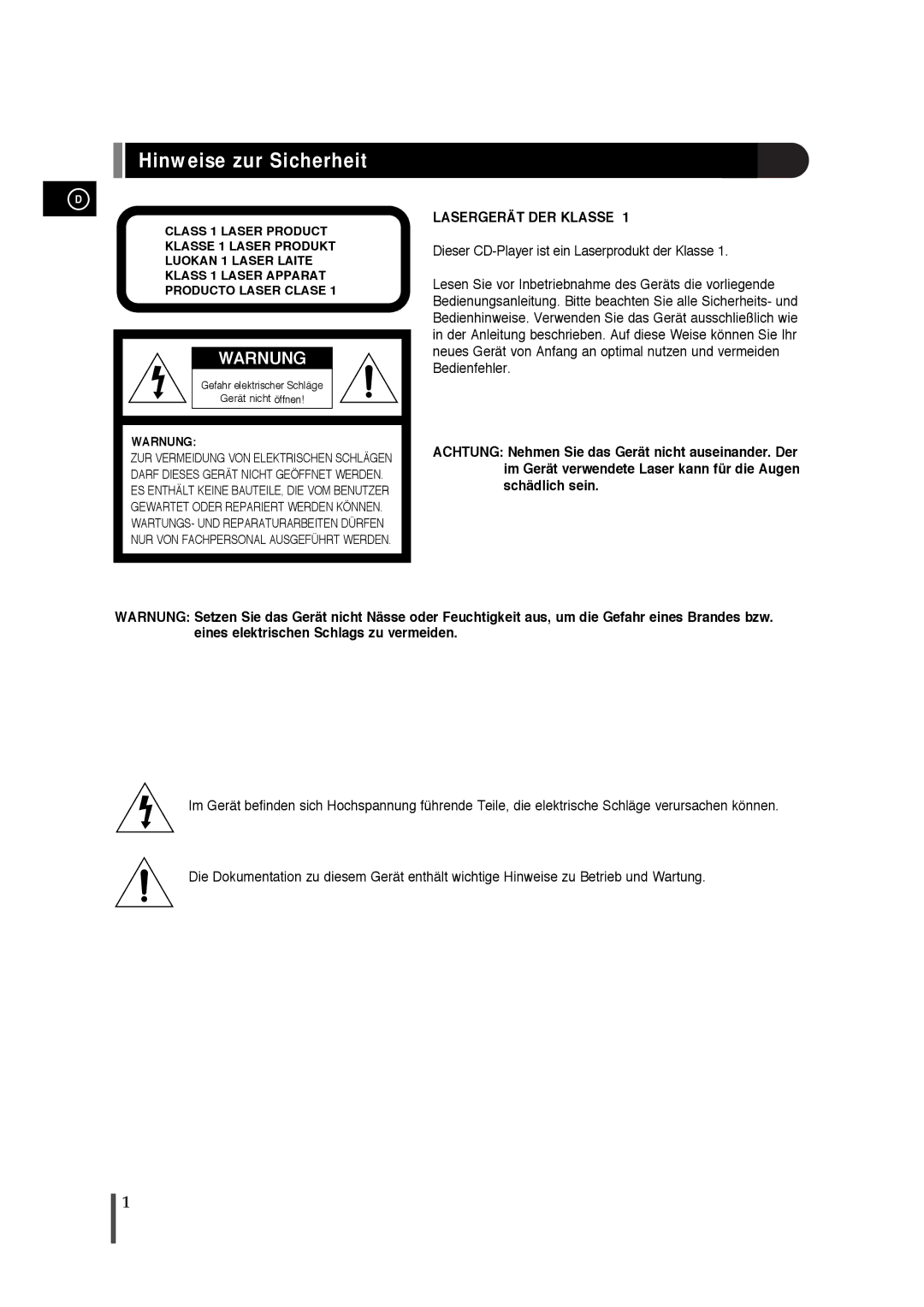 Samsung EV1SRH/ELS manual Hinweise zur Sicherheit, Gefahr elektrischer Schläge Gerät nicht öffnen 