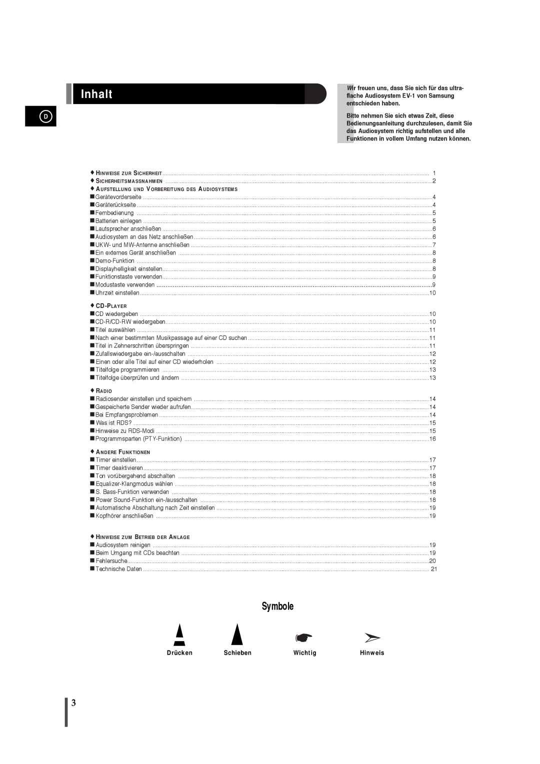 Samsung EV1SRH/ELS manual Inhalt, Bitte nehmen Sie sich etwas Zeit, diese 