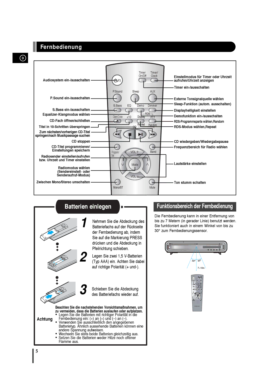 Samsung EV1SRH/ELS manual Fernbedienung, Timer ein-/ausschalten, Lautstärke einstellen Ton stumm schalten 