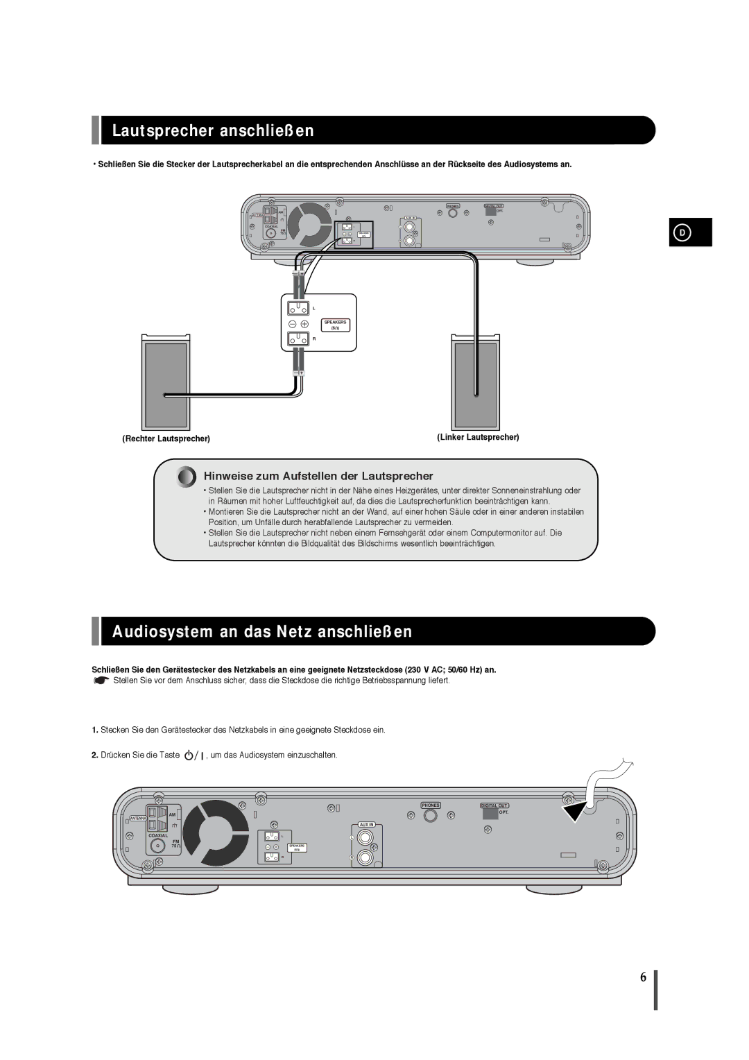 Samsung EV1SRH/ELS manual Lautsprecher anschließen, Audiosystem an das Netz anschließen, Rechter Lautsprecher 