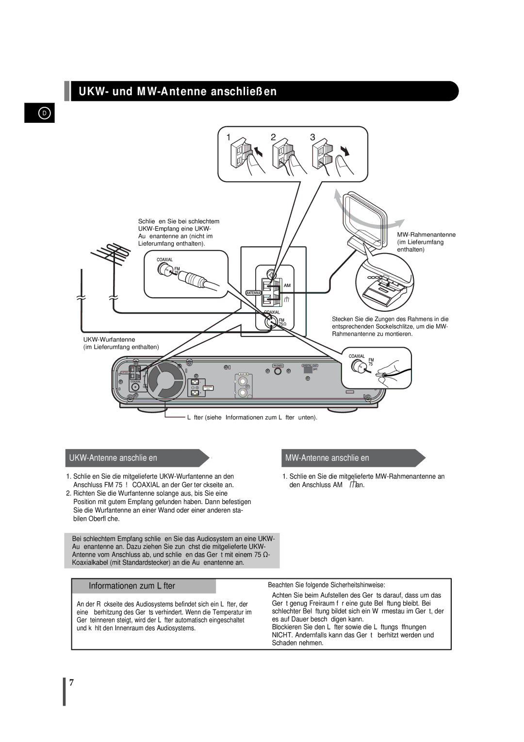 Samsung EV1SRH/ELS manual UKW- und MW-Antenne anschließen, Beachten Sie folgende Sicherheitshinweise 