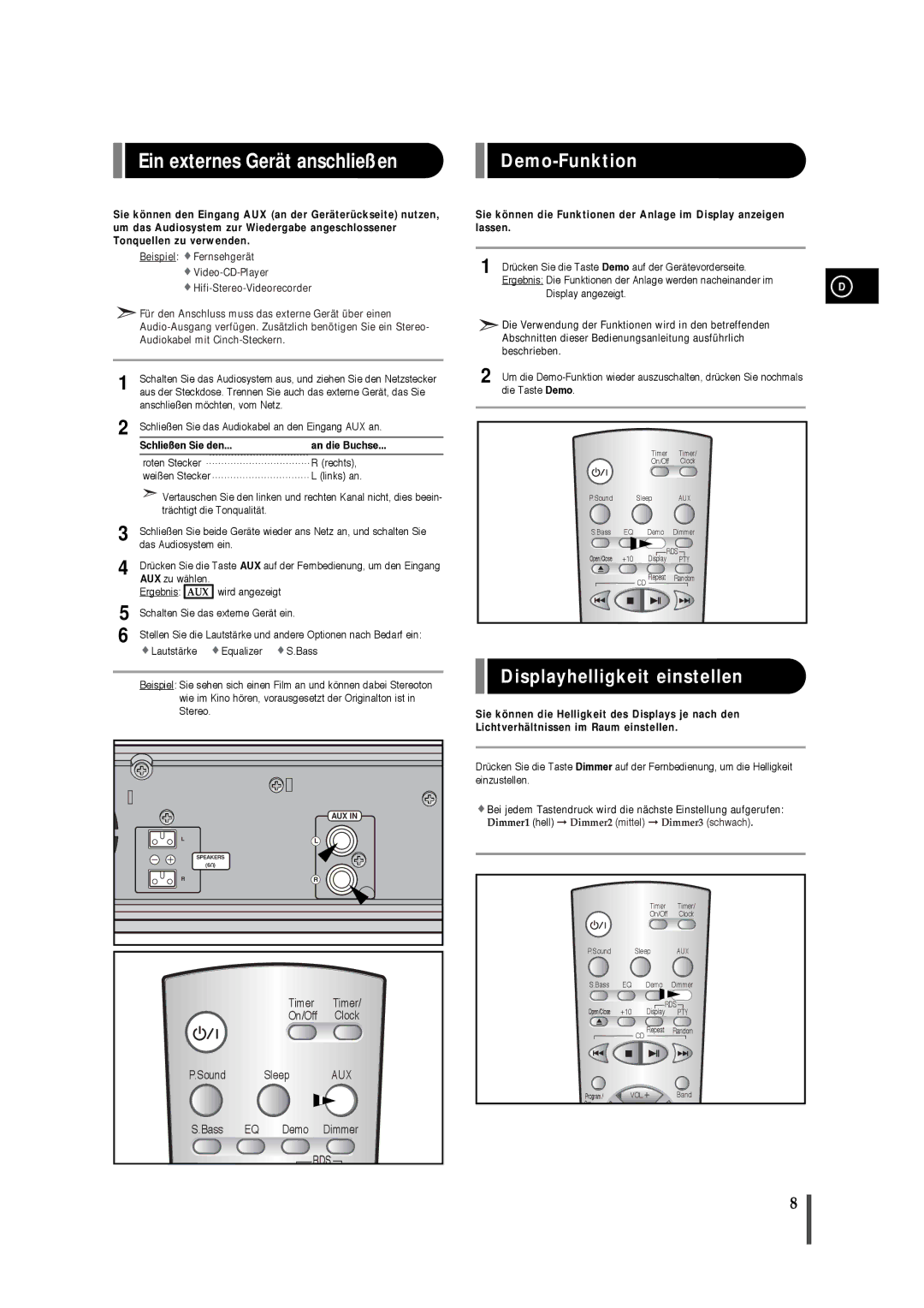 Samsung EV1SRH/ELS manual Ein externes Gerät anschließen, Demo-Funktion, Displayhelligkeit einstellen 