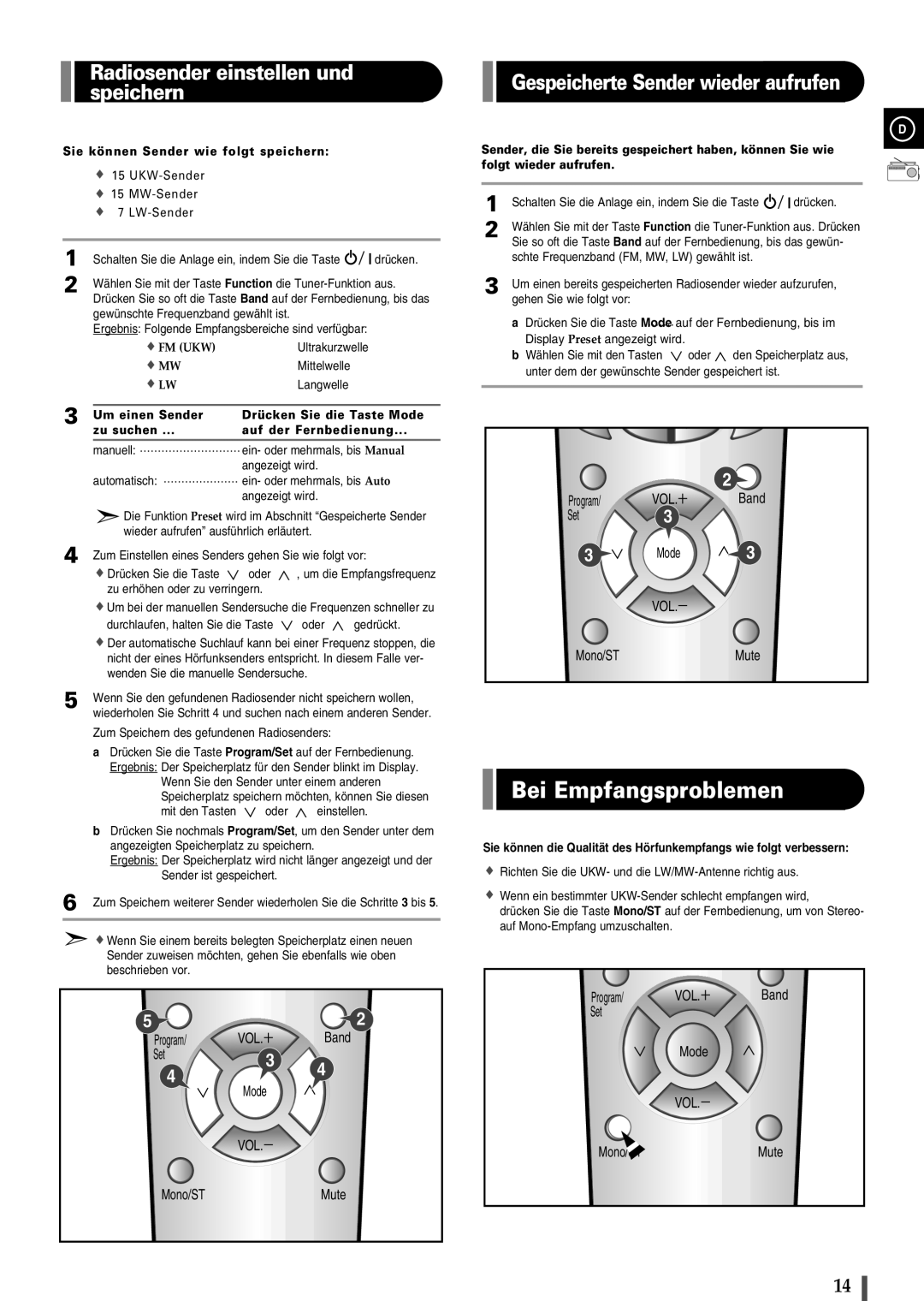 Samsung EV1SRH/ELS manual Bei Empfangsproblemen, Radiosender einstellen und speichern, Gespeicherte Sender wieder aufrufen 