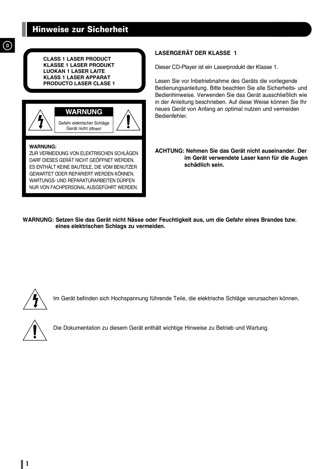 Samsung EV1SRH/ELS manual Hinweise zur Sicherheit, Gefahr elektrischer Schläge Gerät nicht öffnen 