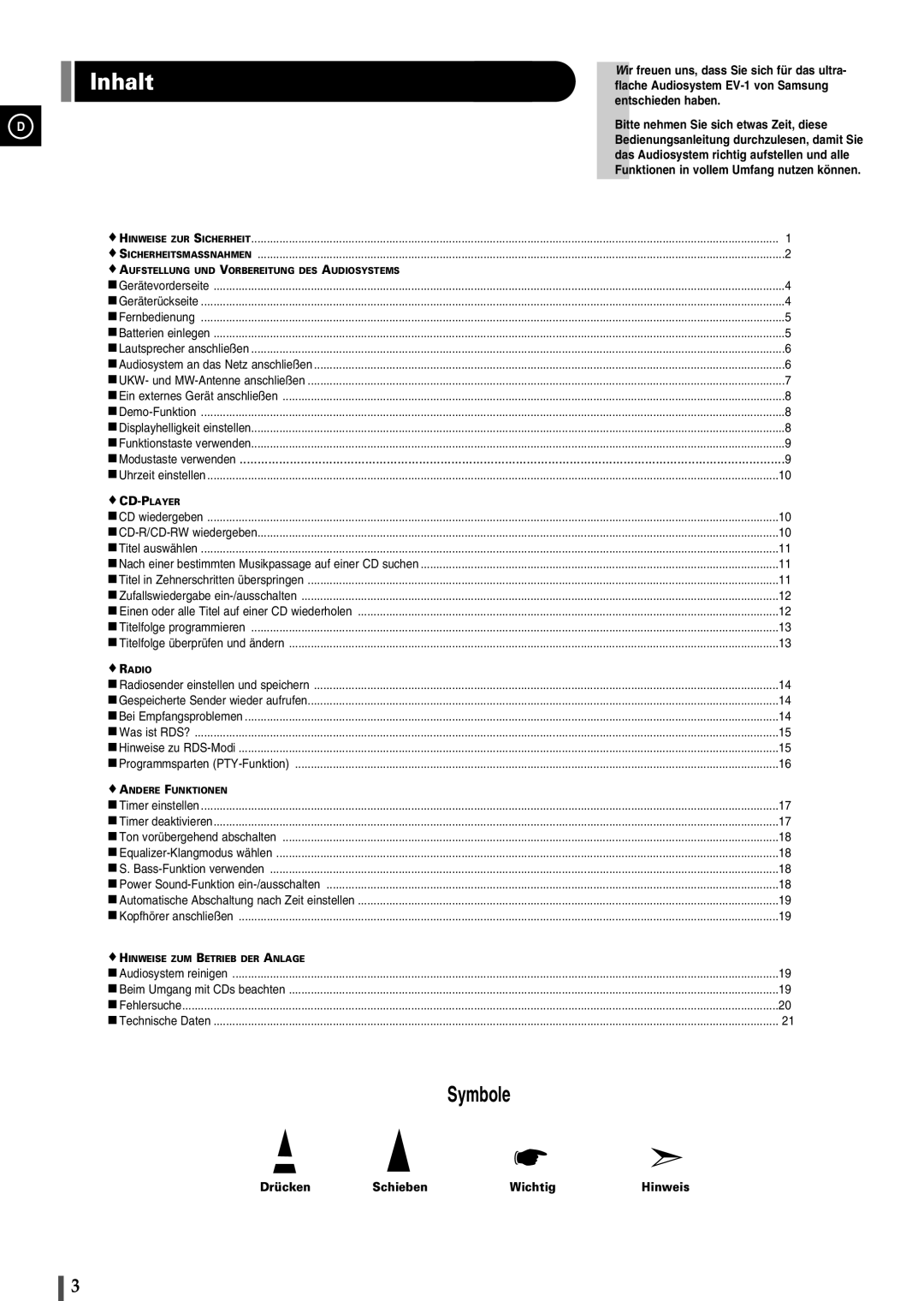 Samsung EV1SRH/ELS manual Inhalt, Hinweise ZUR Sicherheit Sicherheitsmassnahmen 