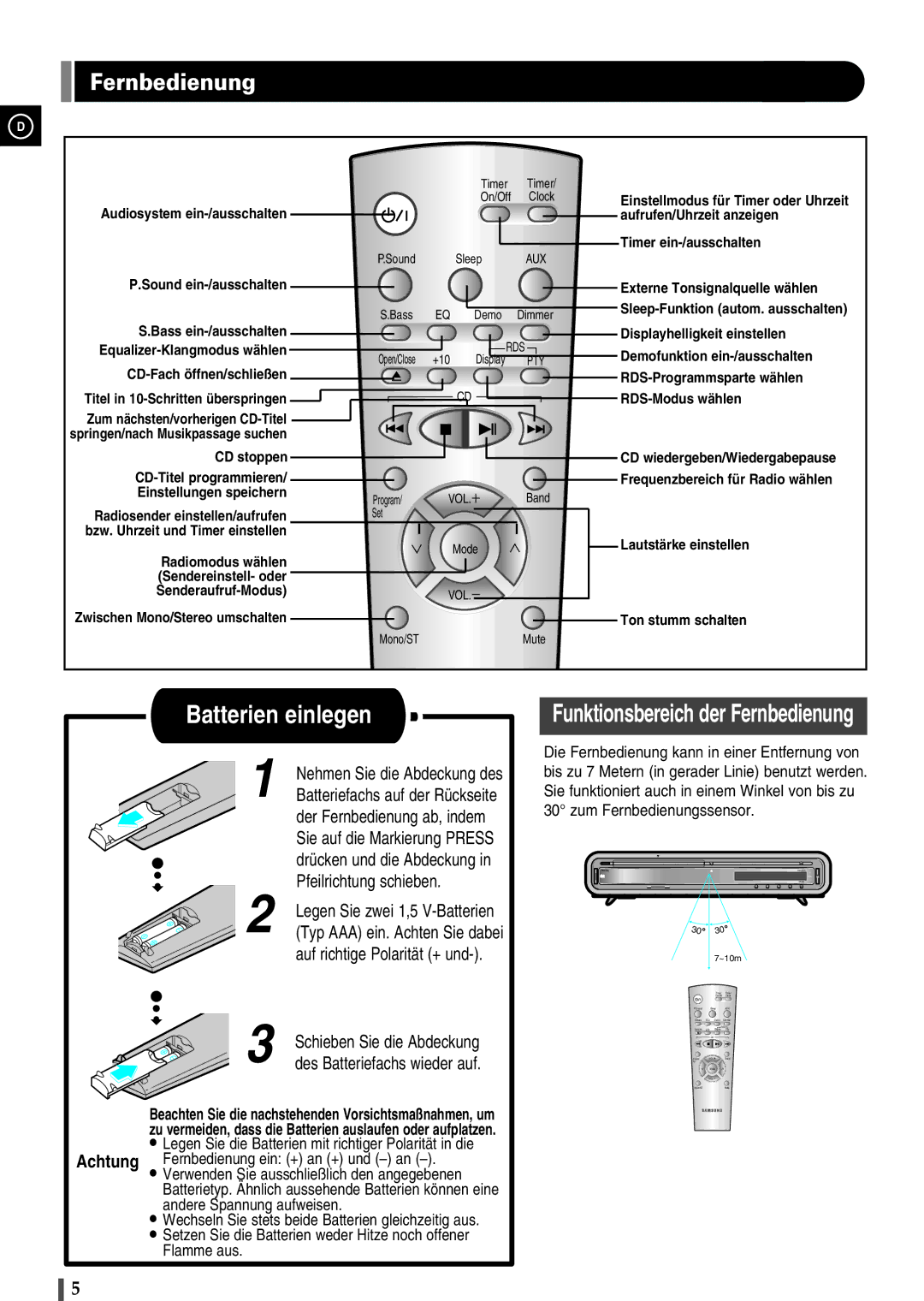 Samsung EV1SRH/ELS manual Fernbedienung 