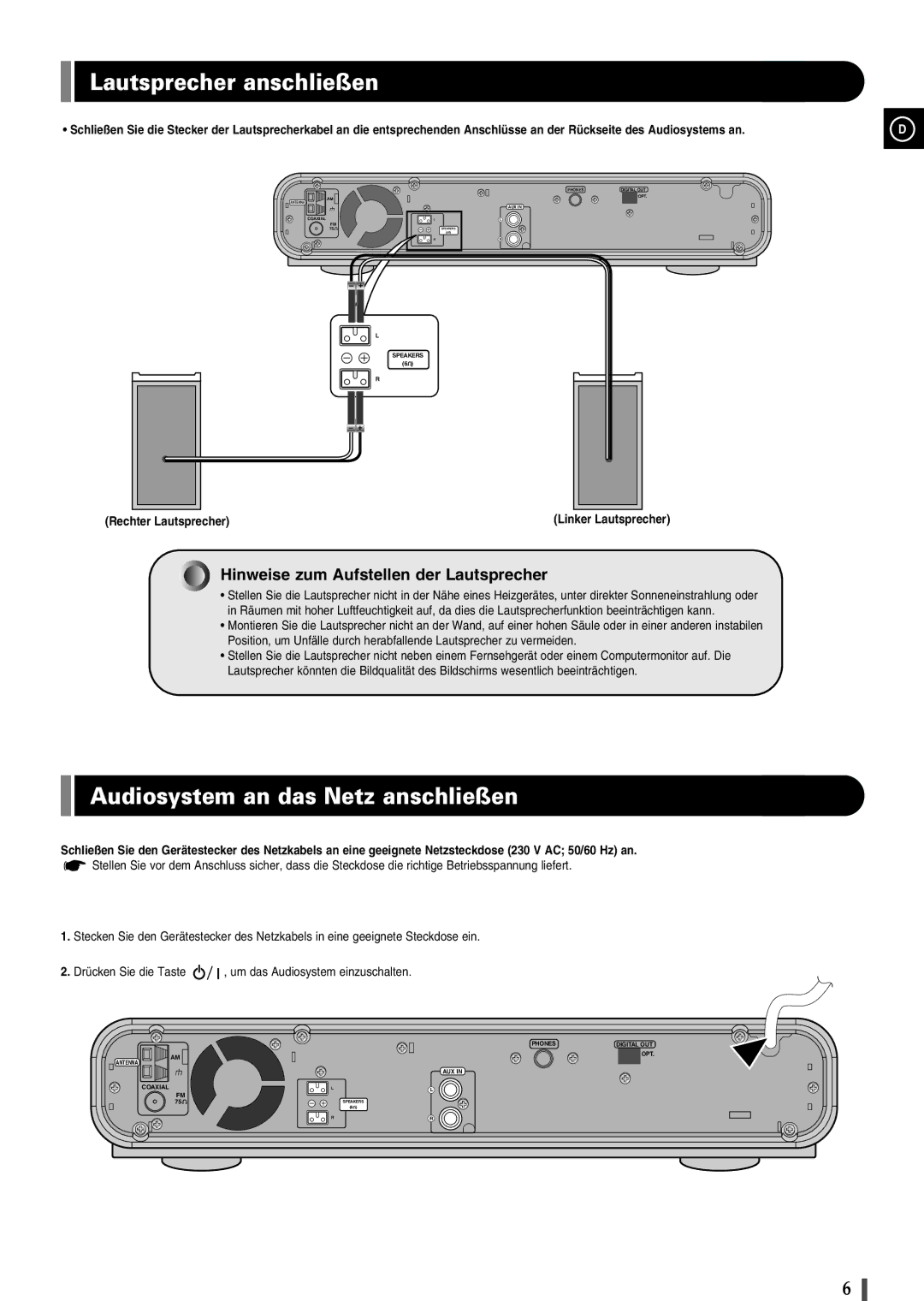 Samsung EV1SRH/ELS manual Lautsprecher anschließen, Audiosystem an das Netz anschließen, Rechter Lautsprecher 