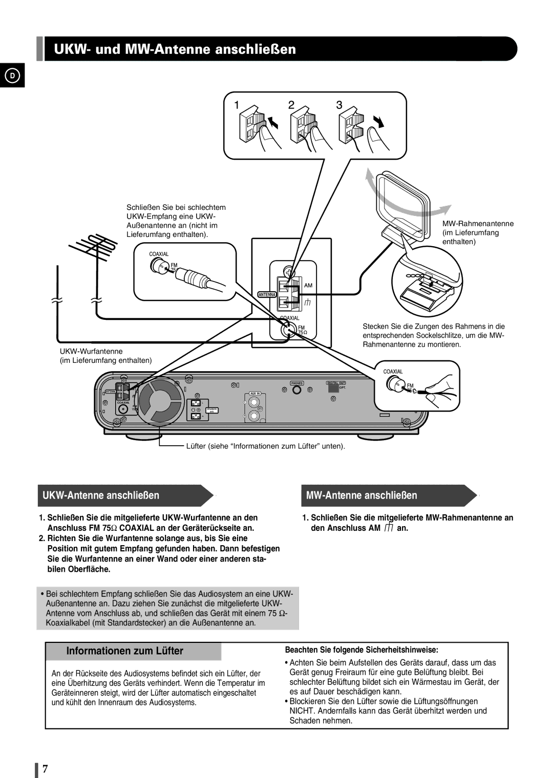 Samsung EV1SRH/ELS manual UKW- und MW-Antenne anschließen, Schließen Sie die mitgelieferte UKW-Wurfantenne an den 