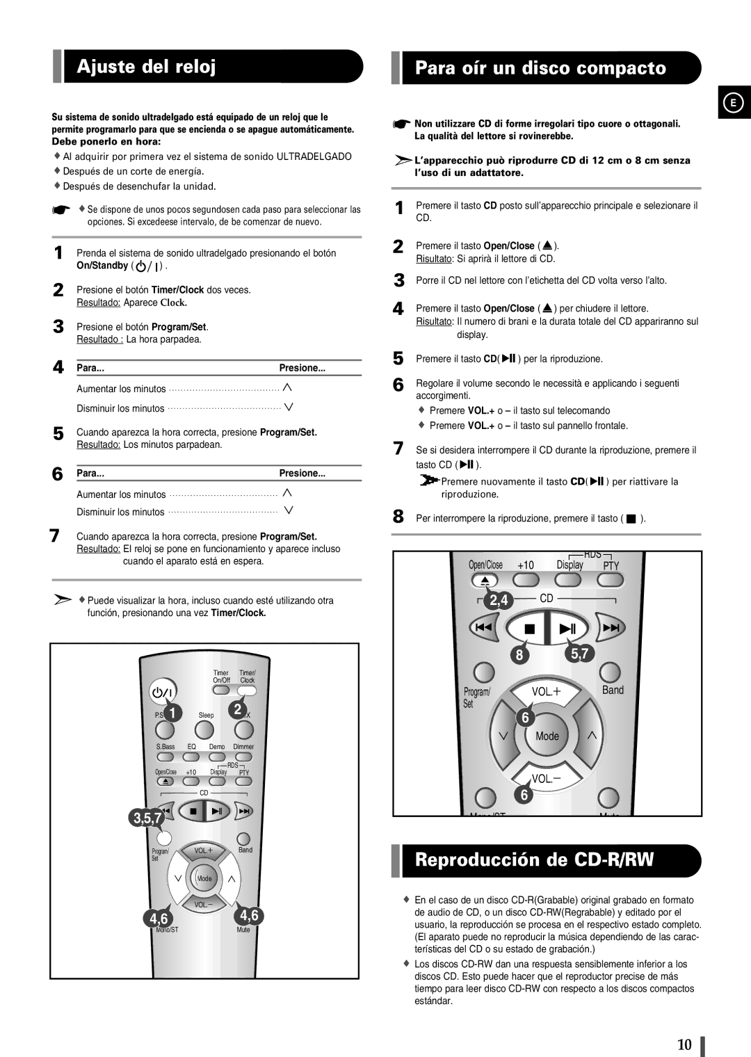 Samsung EV1SRH/ELS manual Ajuste del reloj, Para oír un disco compacto, Reproducción de CD-R/RW, On/Standby, Para Presione 