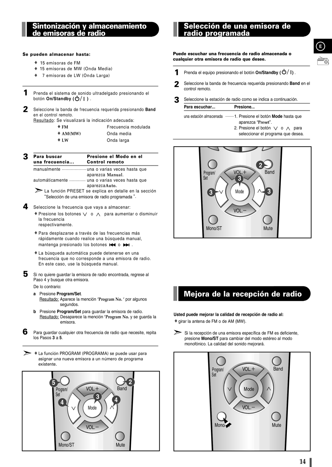 Samsung EV1SRH/ELS manual Selección de una emisora de radio programada, Mejora de la recepción de radio 