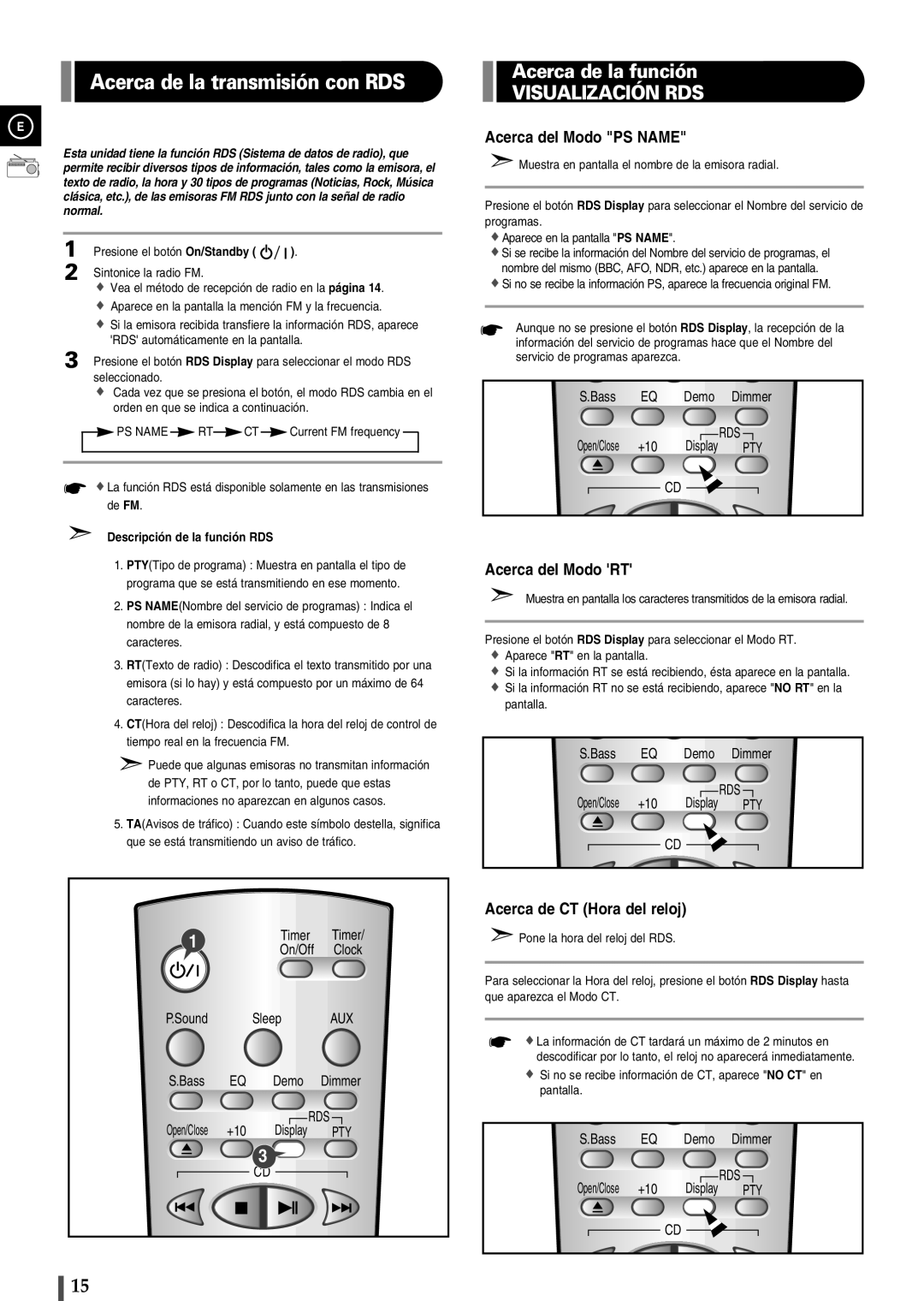 Samsung EV1SRH/ELS manual Acerca de la transmisión con RDS, Presione el botón On/Standby Sintonice la radio FM, Dimmer 