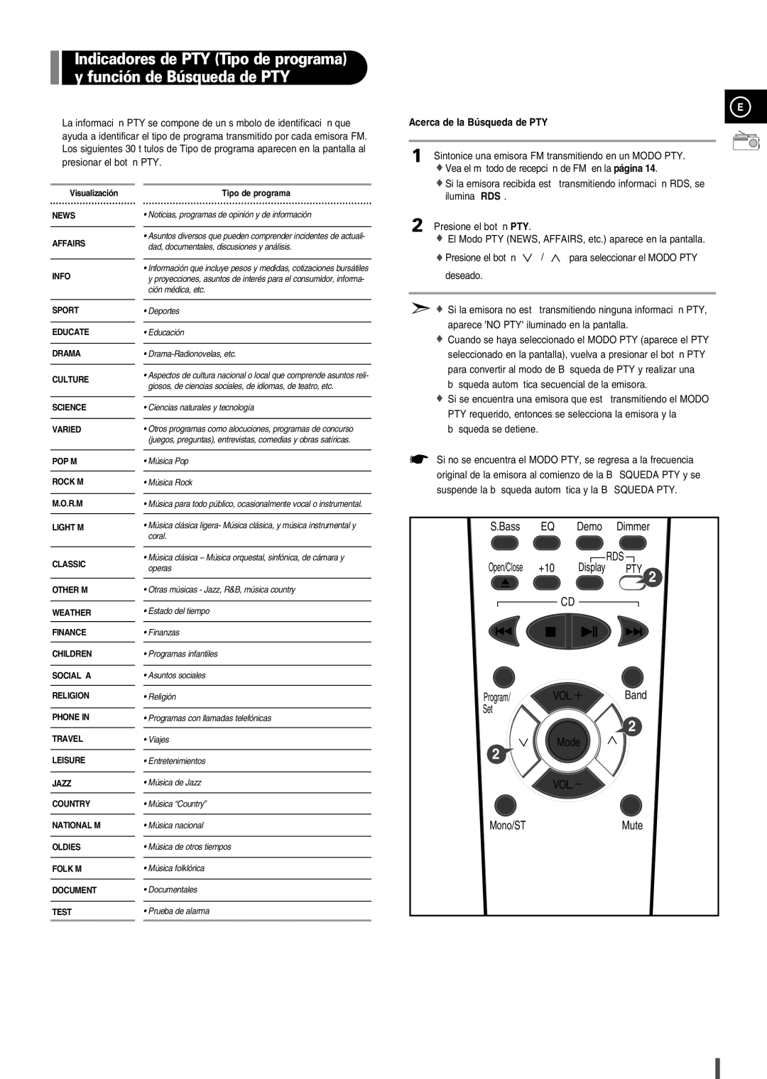 Samsung EV1SRH/ELS manual Acerca de la Búsqueda de PTY, Pty 