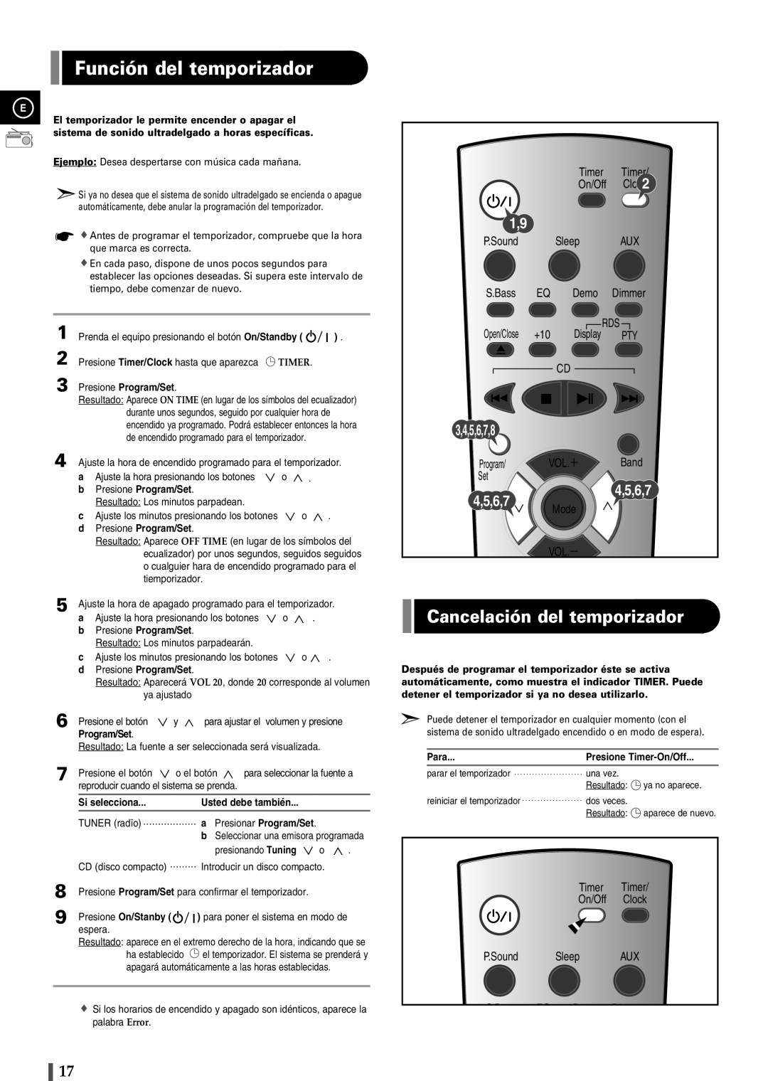 Samsung EV1SRH/ELS Función del temporizador, Cancelación del temporizador, Program/Set, Si selecciona Usted debe también 