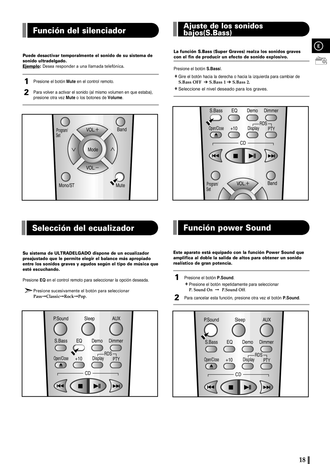 Samsung EV1SRH/ELS manual Función del silenciador, Selección del ecualizador Función power Sound 