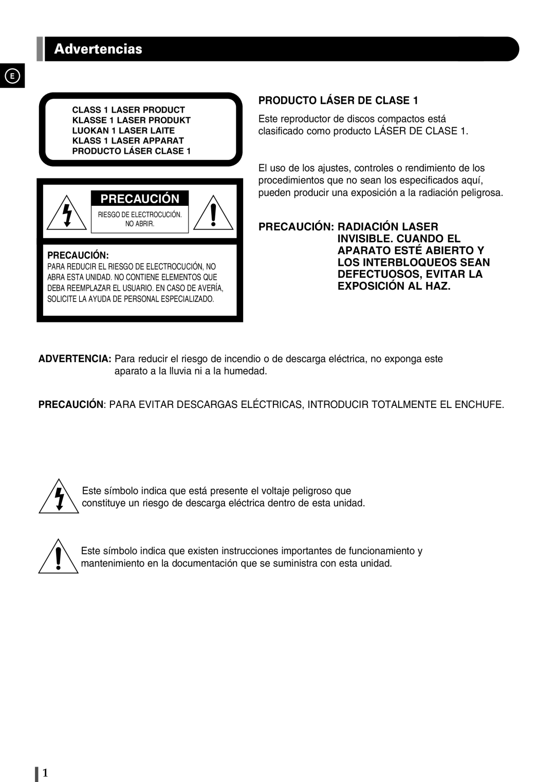 Samsung EV1SRH/ELS manual Advertencias, Precaución 