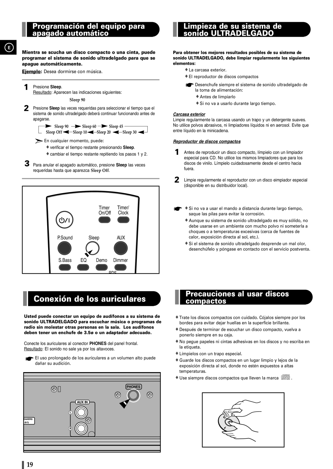 Samsung EV1SRH/ELS manual Conexión de los auriculares, Programación del equipo para apagado automático, Compactos 