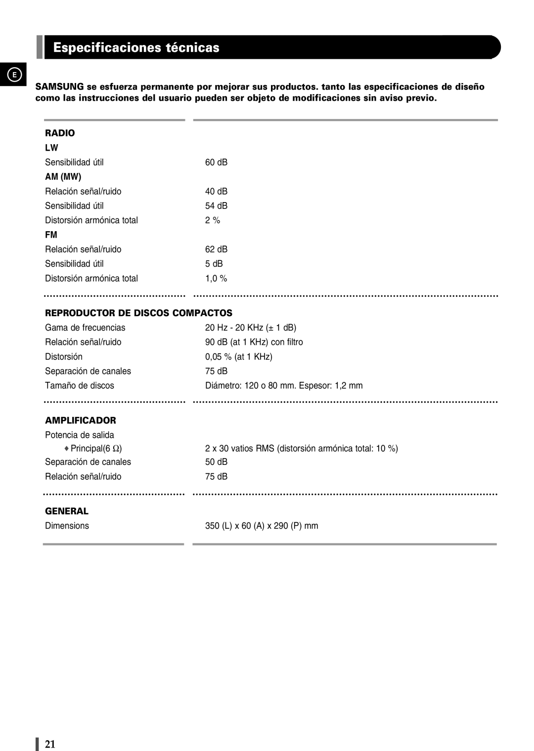 Samsung EV1SRH/ELS manual Especificaciones técnicas, Am Mw 