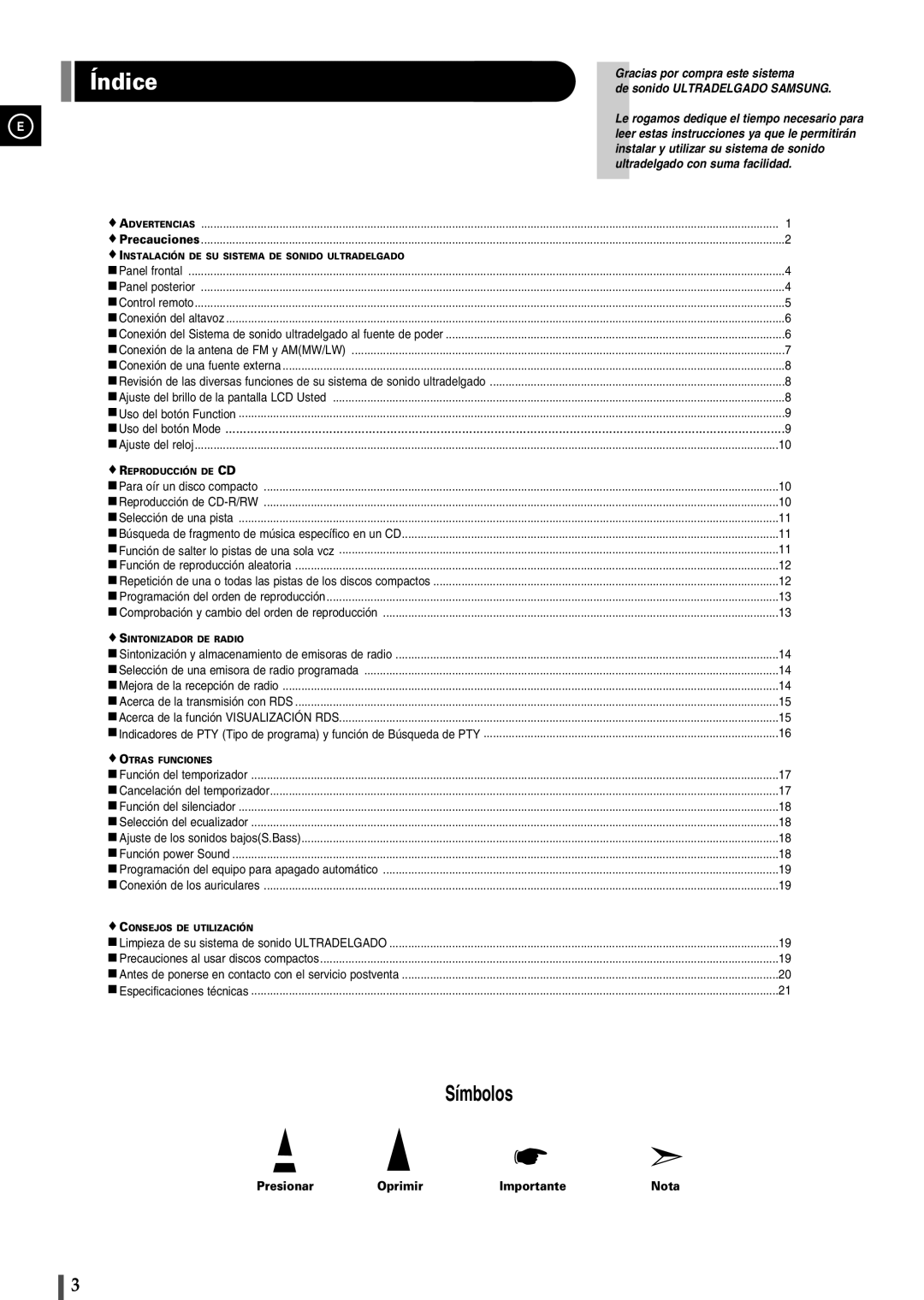 Samsung EV1SRH/ELS manual Índice, Presionar Oprimir Importante Nota 