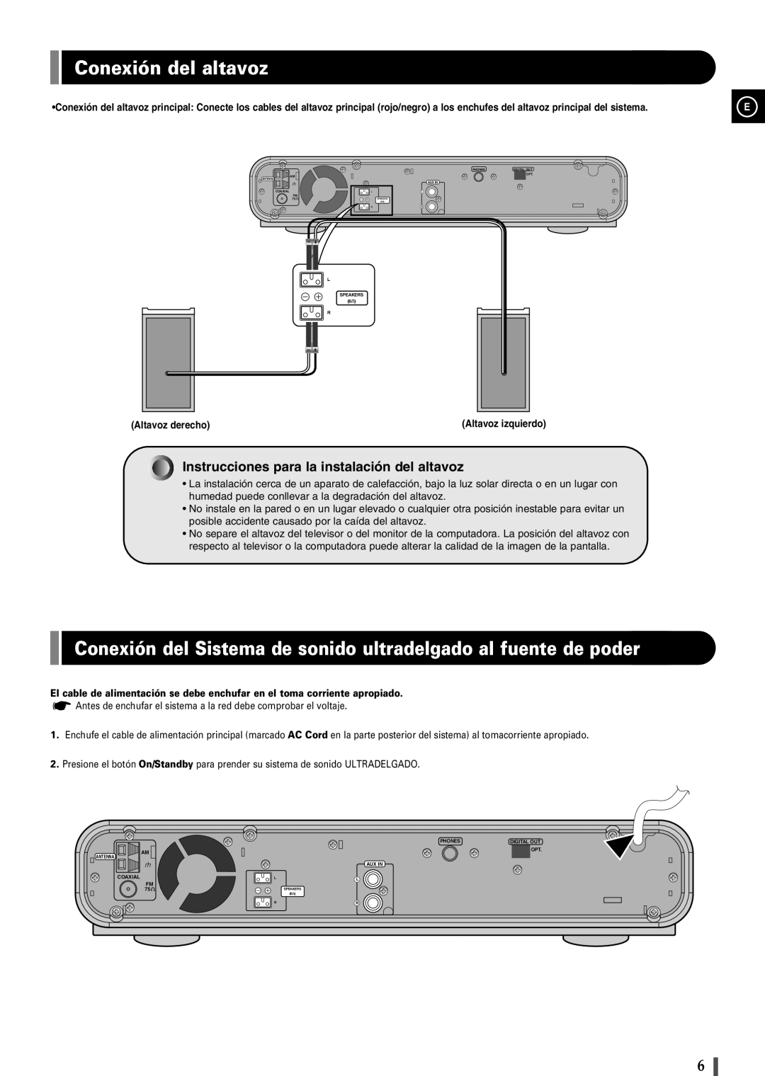 Samsung EV1SRH/ELS manual Conexión del altavoz, Altavoz derecho 