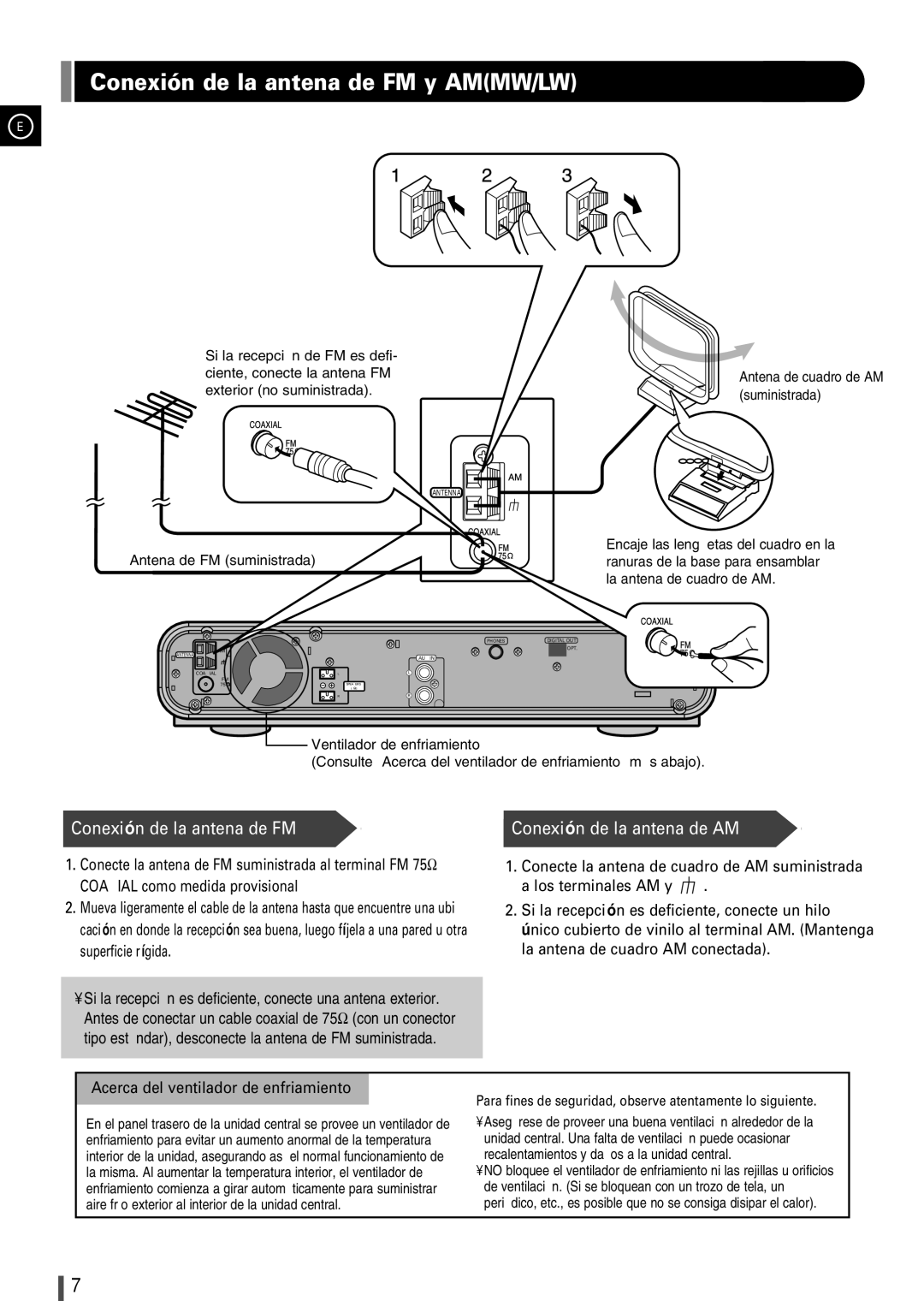 Samsung EV1SRH/ELS manual Conexión de la antena de FM y AMMW/LW, Encaje las lengüetas del cuadro en la 