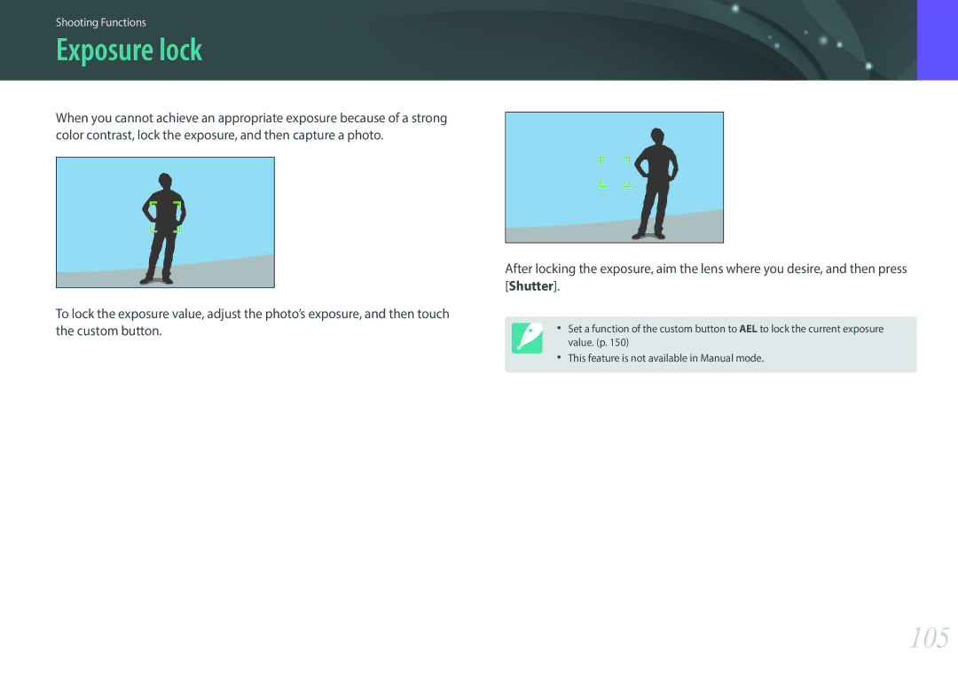 Samsung EVNX200ZBSBUS user manual Exposure lock, 105 