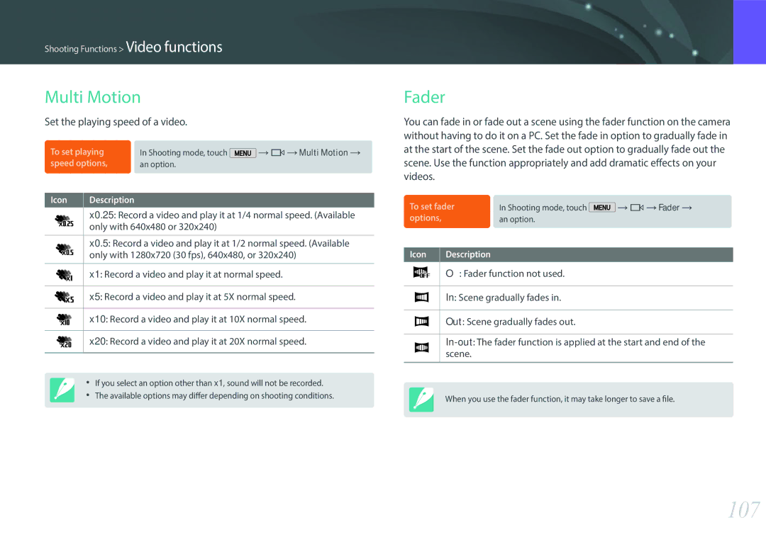 Samsung EVNX200ZBSBUS user manual 107, Multi Motion, Fader, Set the playing speed of a video 