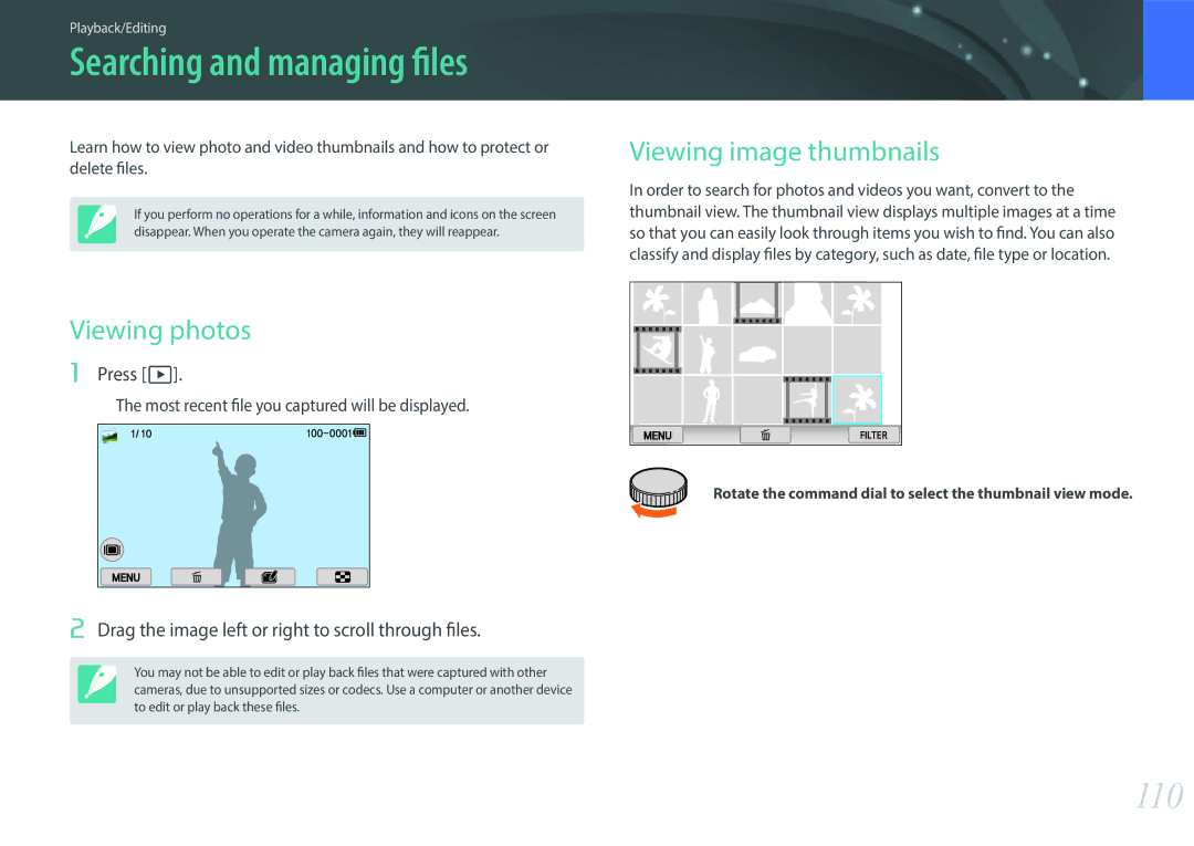 Samsung EVNX200ZBSBUS user manual 110, Viewing image thumbnails, Viewing photos, Press z 