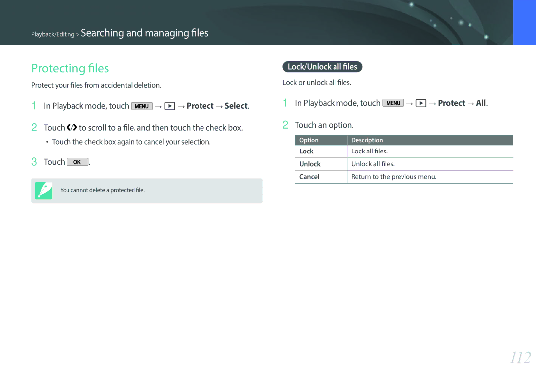 Samsung EVNX200ZBSBUS user manual 112, Protecting files, Lock/Unlock all files 