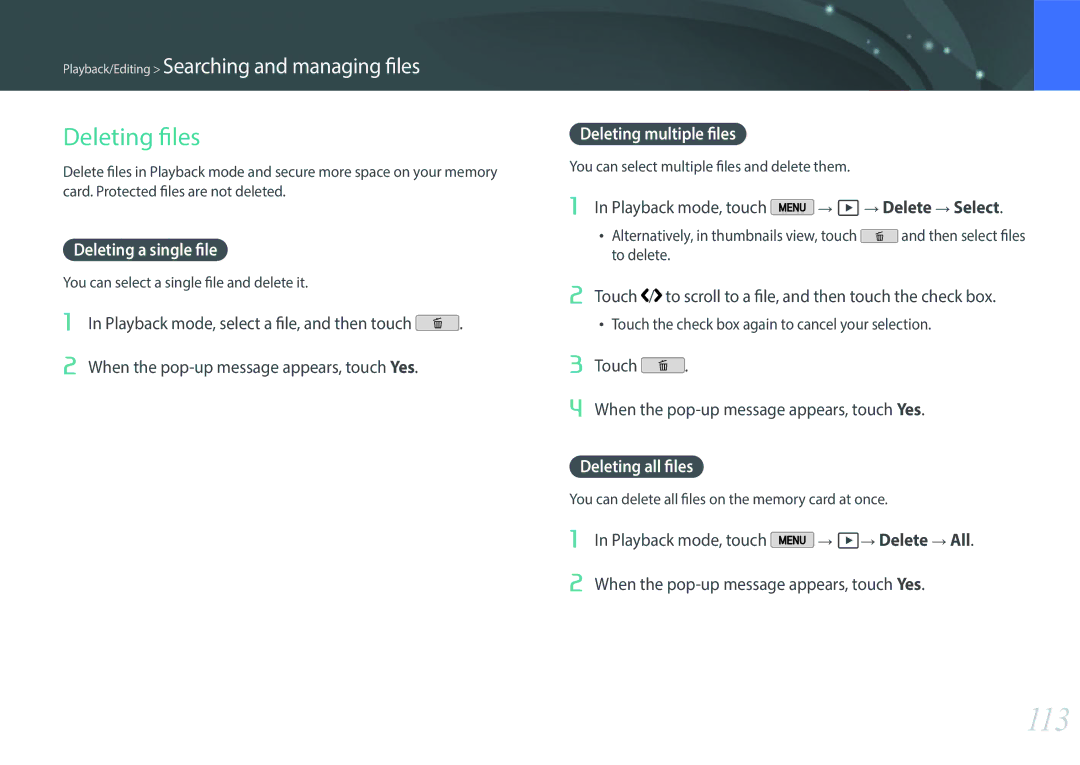 Samsung EVNX200ZBSBUS user manual 113, Deleting files, Deleting a single file, Deleting multiple files, Deleting all files 