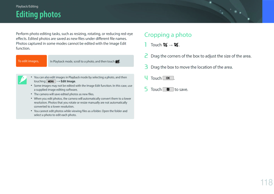 Samsung EVNX200ZBSBUS user manual Editing photos, 118, Cropping a photo 