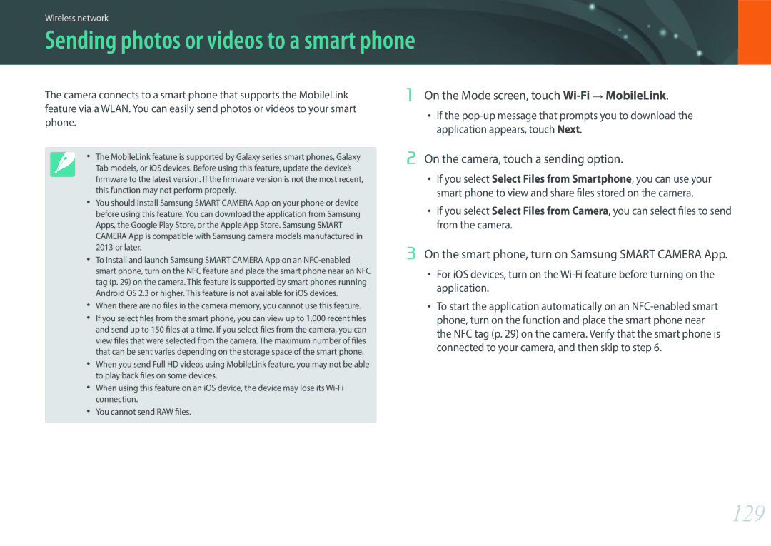 Samsung EVNX200ZBSBUS Sending photos or videos to a smart phone, 129, On the Mode screen, touch Wi-Fi→ MobileLink 