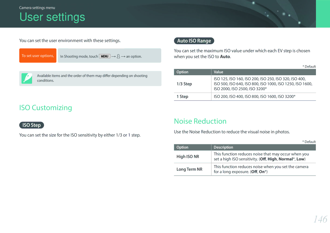 Samsung EVNX200ZBSBUS user manual User settings, 146, ISO Customizing, Noise Reduction 