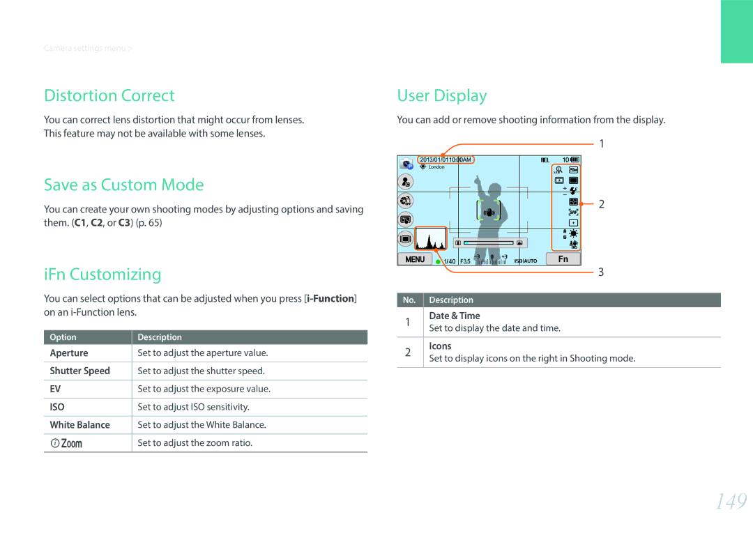 Samsung EVNX200ZBSBUS user manual 149, Distortion Correct, Save as Custom Mode, IFn Customizing, User Display 