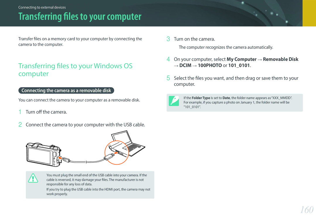 Samsung EVNX200ZBSBUS 160, Transferring files to your Windows OS computer, Connecting the camera as a removable disk 