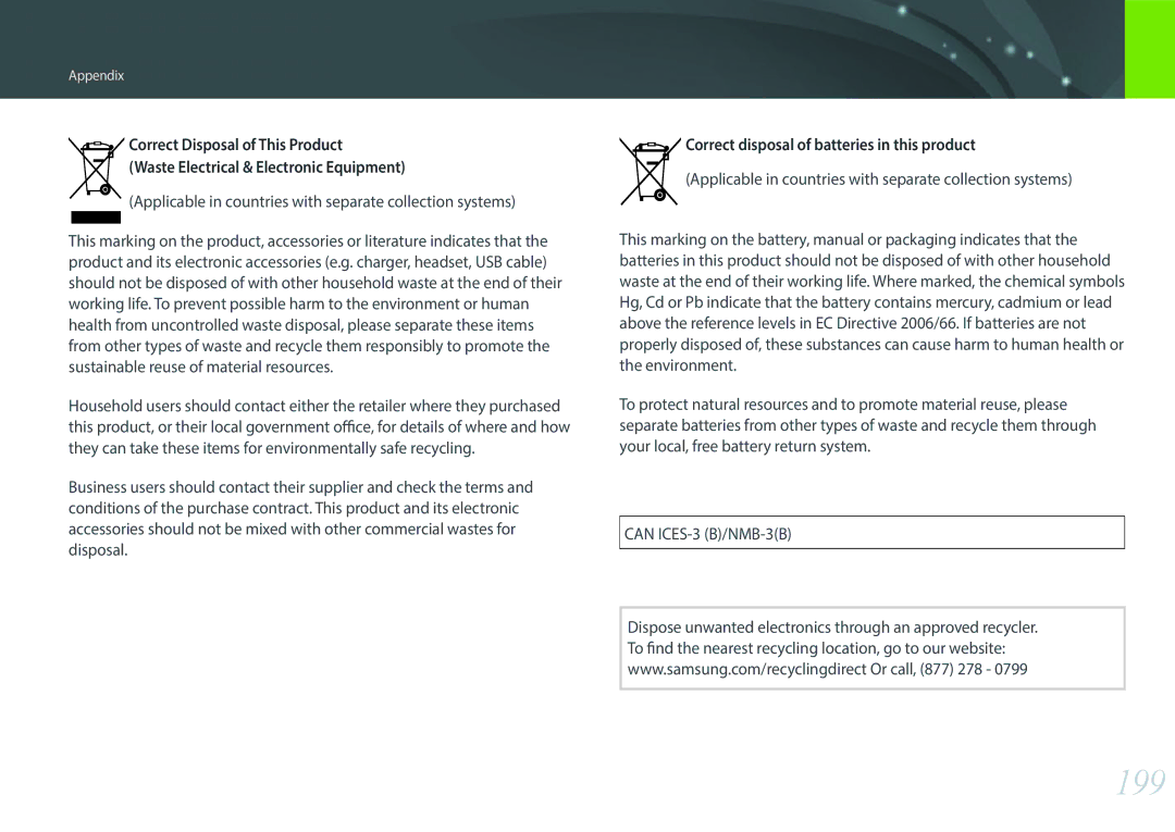 Samsung EVNX200ZBSBUS user manual 199, Applicable in countries with separate collection systems 