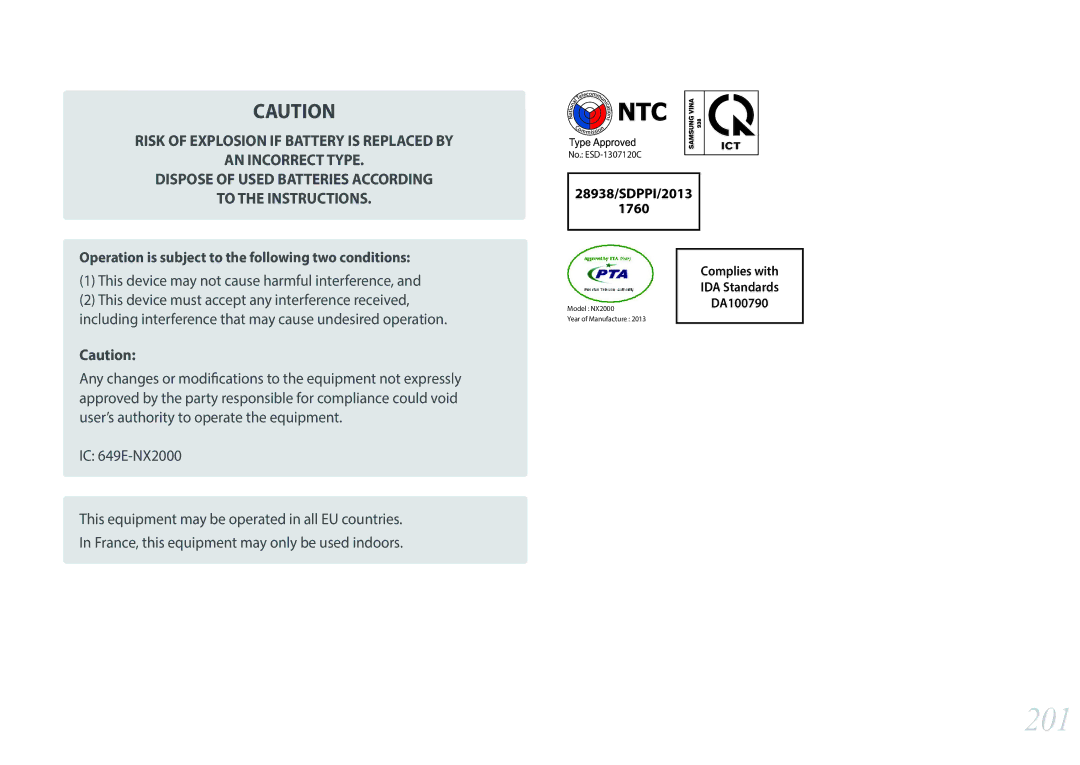 Samsung EVNX200ZBSBUS user manual 201, This device may not cause harmful interference 