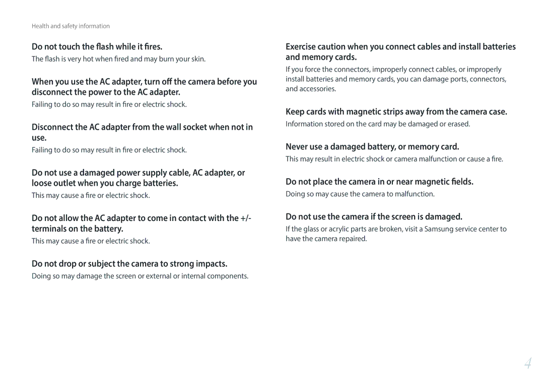 Samsung EVNX200ZBSBUS Do not touch the flash while it fires, Do not drop or subject the camera to strong impacts 