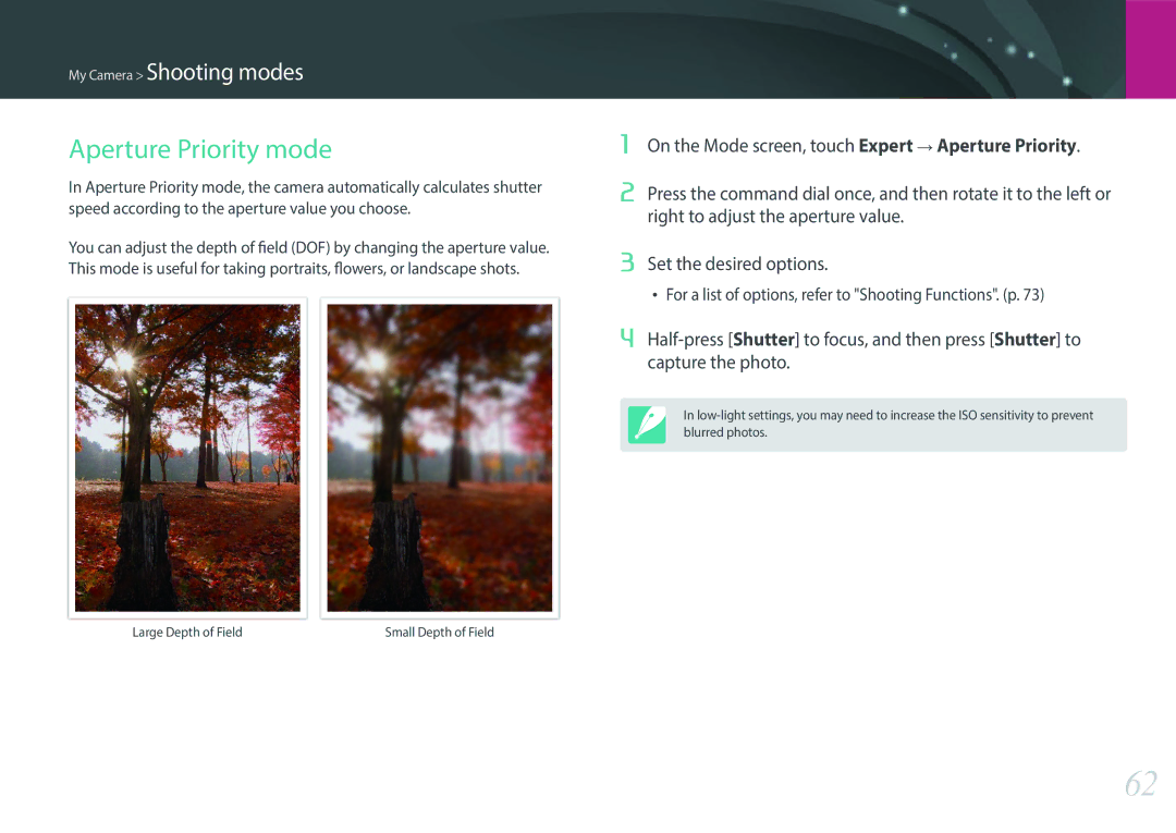 Samsung EVNX200ZBSBUS user manual Aperture Priority mode 